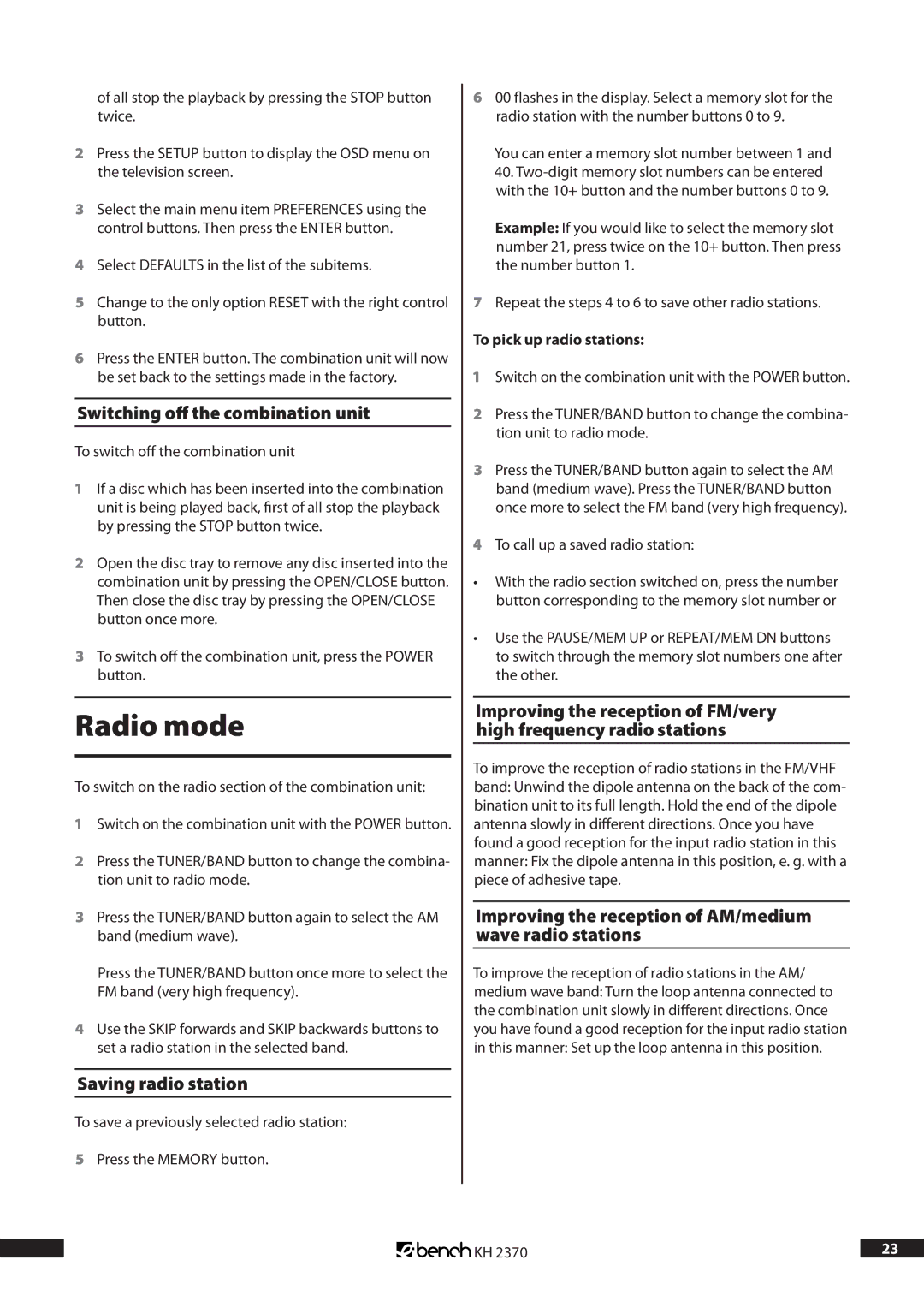 Kompernass KH 2370 Radio mode, Switching off the combination unit, Saving radio station, To pick up radio stations 