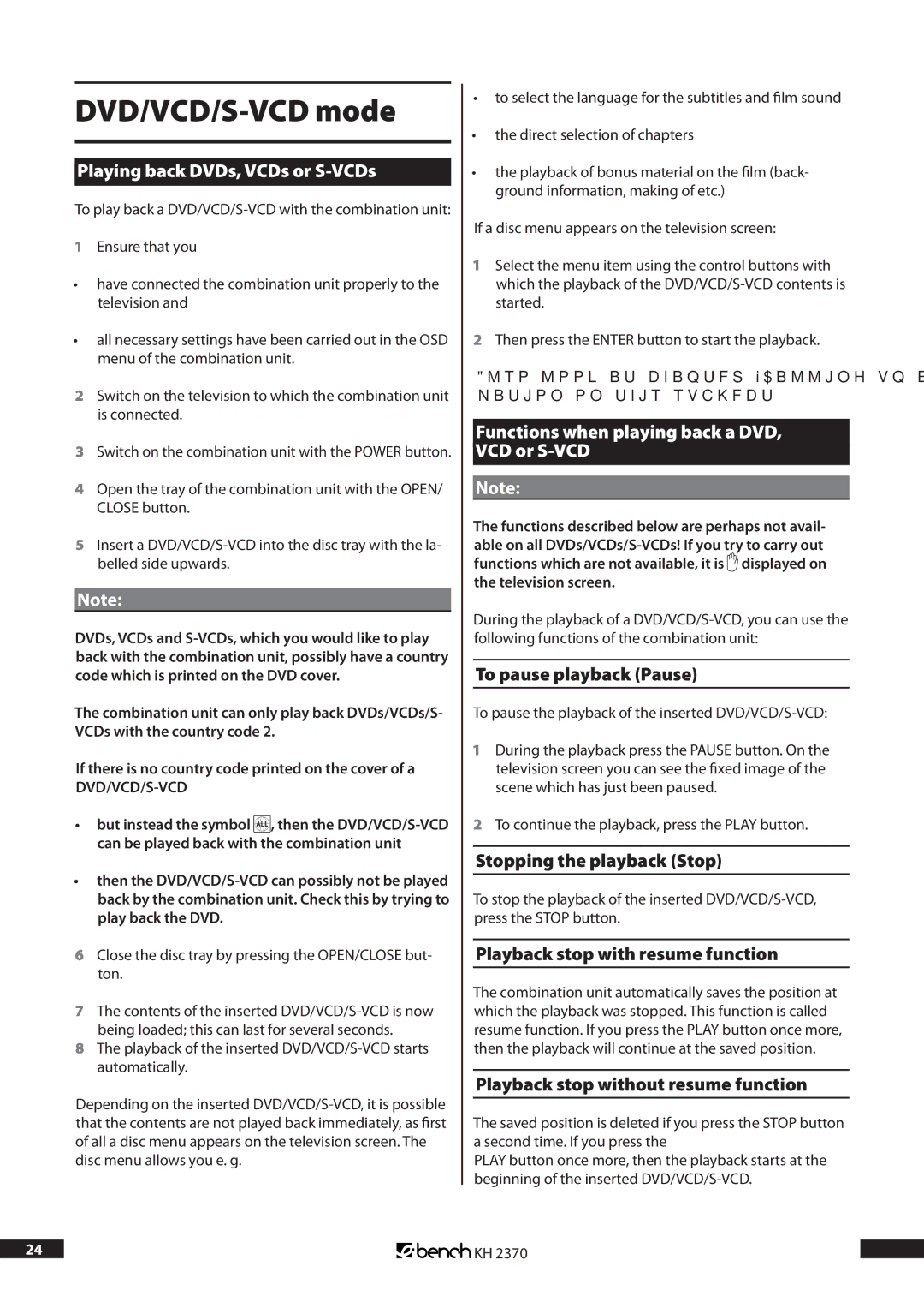 Kompernass KH 2370 DVD/VCD/S-VCD mode, Playing back DVDs, VCDs or S-VCDs, Functions when playing back a DVD, VCD or S-VCD 