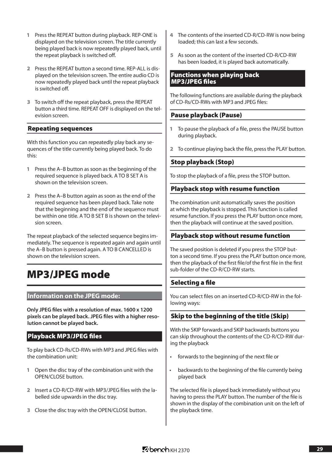 Kompernass KH 2370 operating instructions MP3/JPEG mode, Information on the Jpeg mode, Playback MP3/JPEG files 