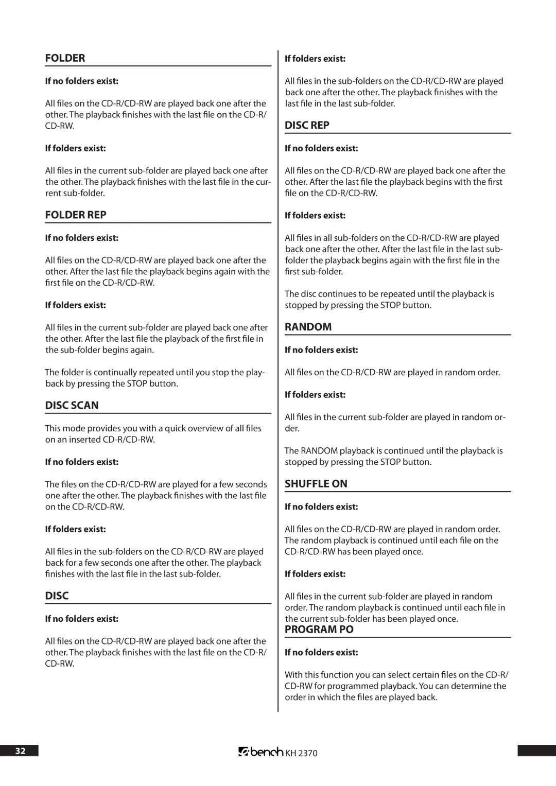 Kompernass KH 2370 operating instructions Folder REP, Disc Scan, Disc REP, Random, Shuffle on, Program PO 