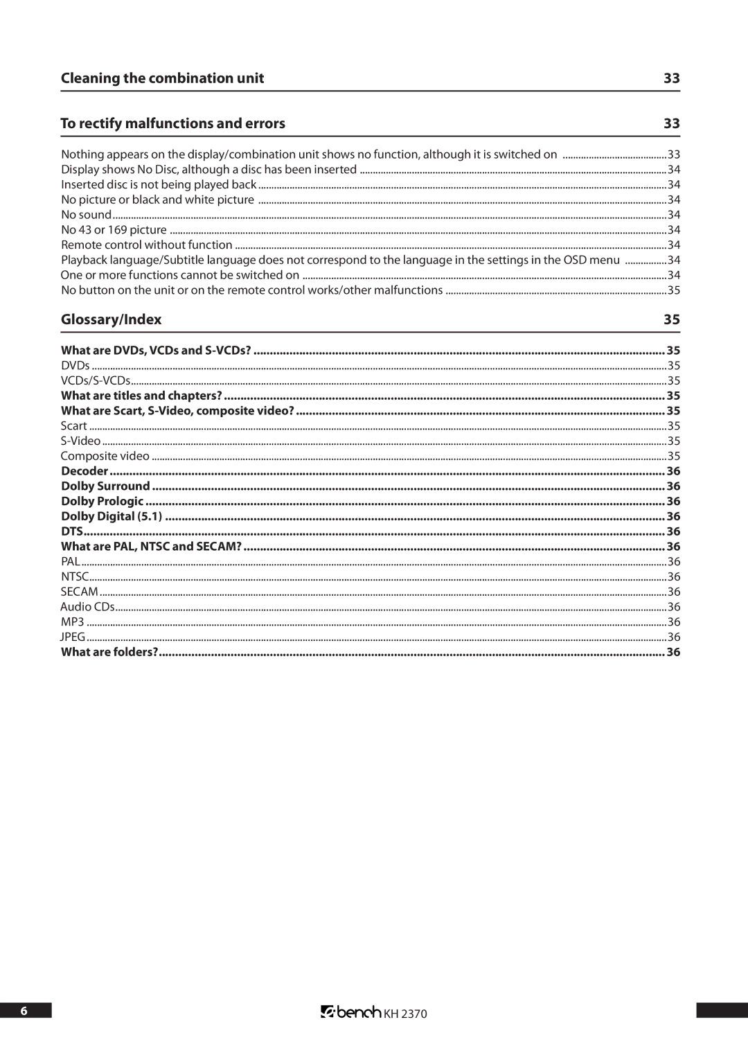 Kompernass KH 2370 operating instructions Glossary/Index, Display shows No Disc, although a disc has been inserted 