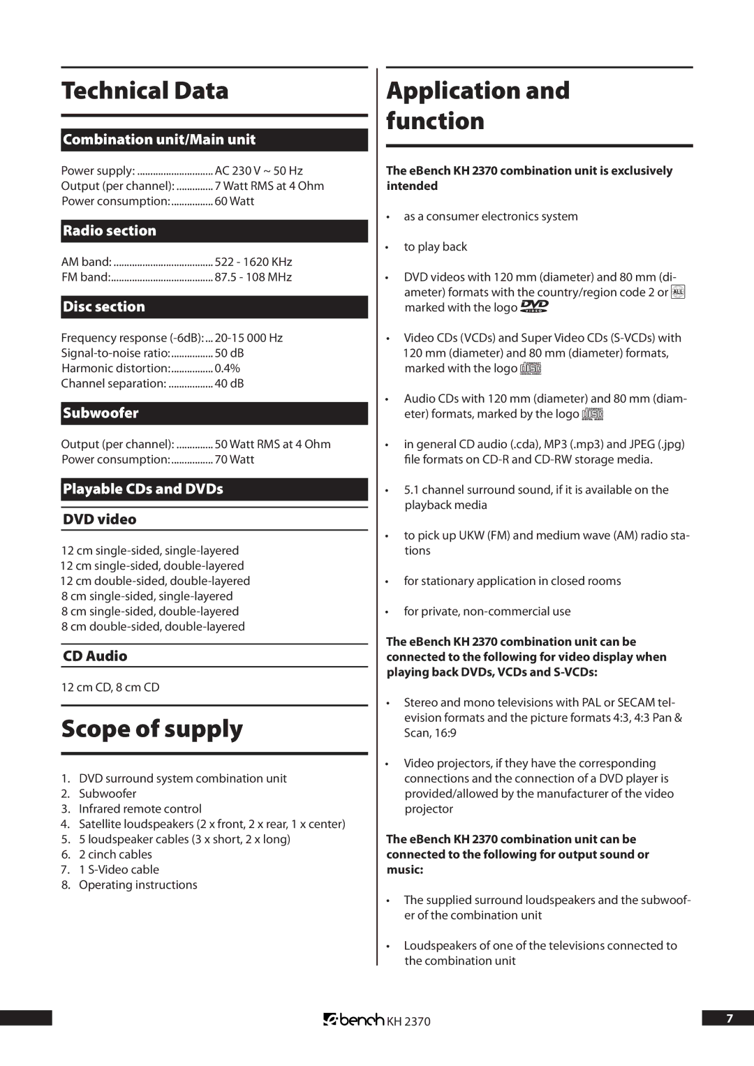 Kompernass KH 2370 operating instructions Technical Data, Scope of supply, Application and function 