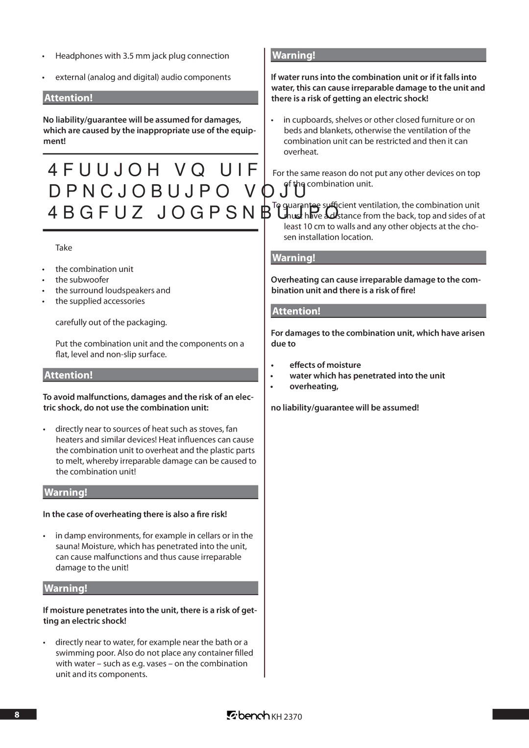 Kompernass KH 2370 Setting up the combination unit / Safety information, Case of overheating there is also a fire risk 