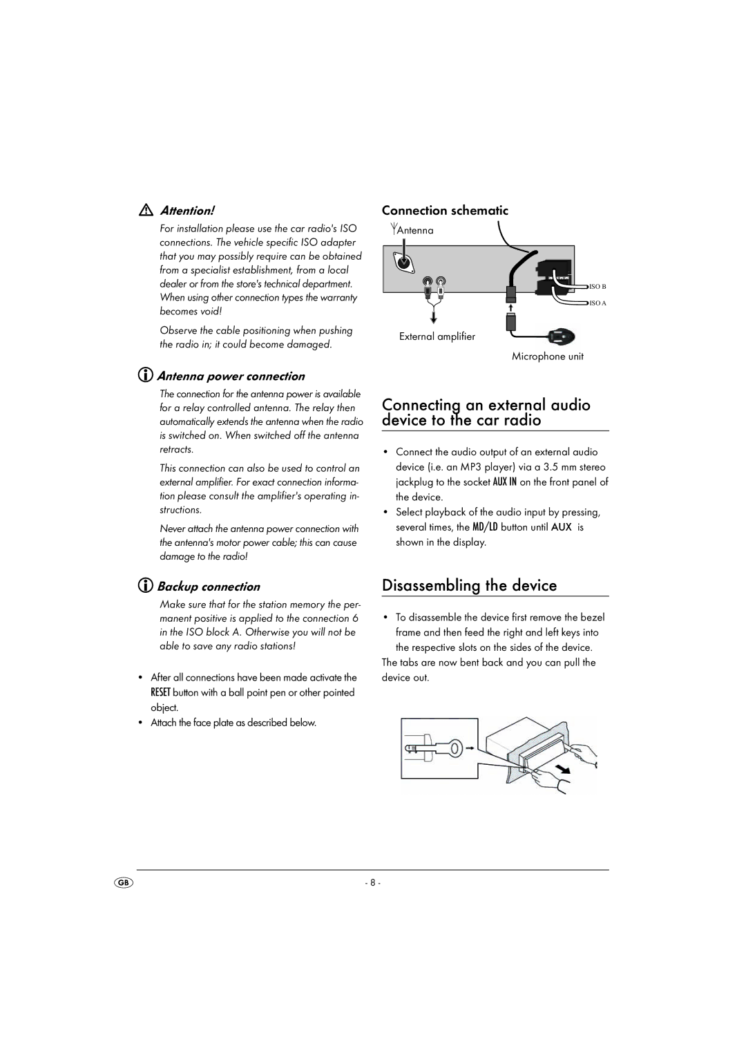 Kompernass KH 2375 Disassembling the device, Antenna power connection, Connection schematic, Backup connection 