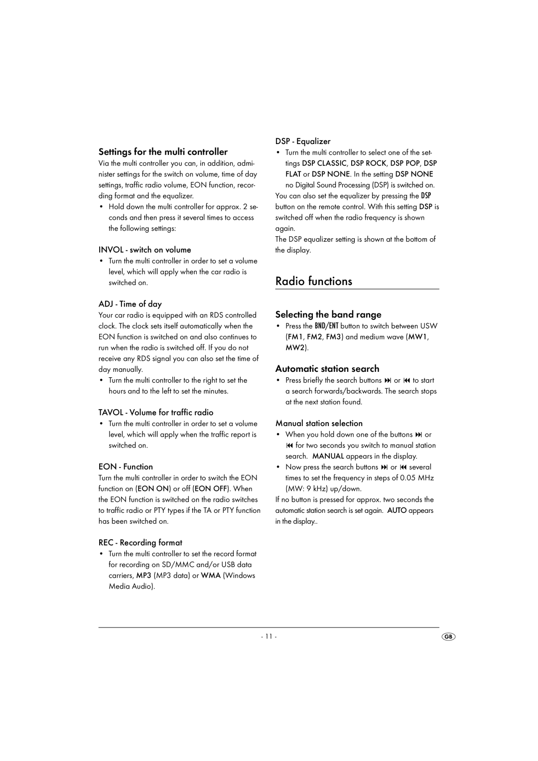 Kompernass KH 2375 Radio functions, Settings for the multi controller, Selecting the band range, Automatic station search 