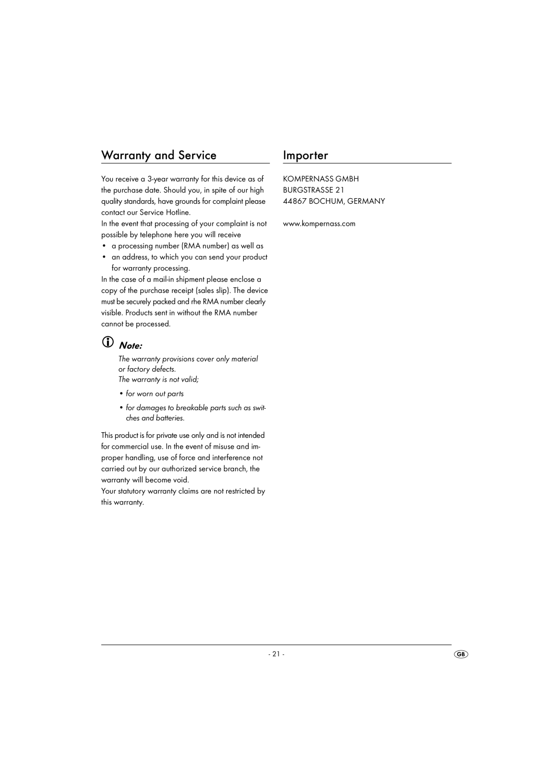 Kompernass KH 2375 operating instructions Warranty and Service, Contact our Service Hotline 