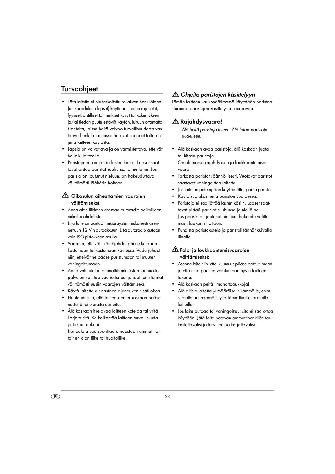 Kompernass KH 2375 Turvaohjeet, Ohjeita paristojen käsittelyyn, Räjähdysvaara, Käytä suojakäsineitä pariston vuotaessa 