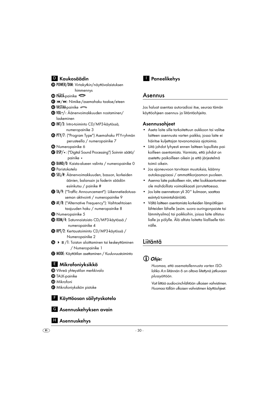 Kompernass KH 2375 operating instructions Asennus, Liitäntä, Ohje 