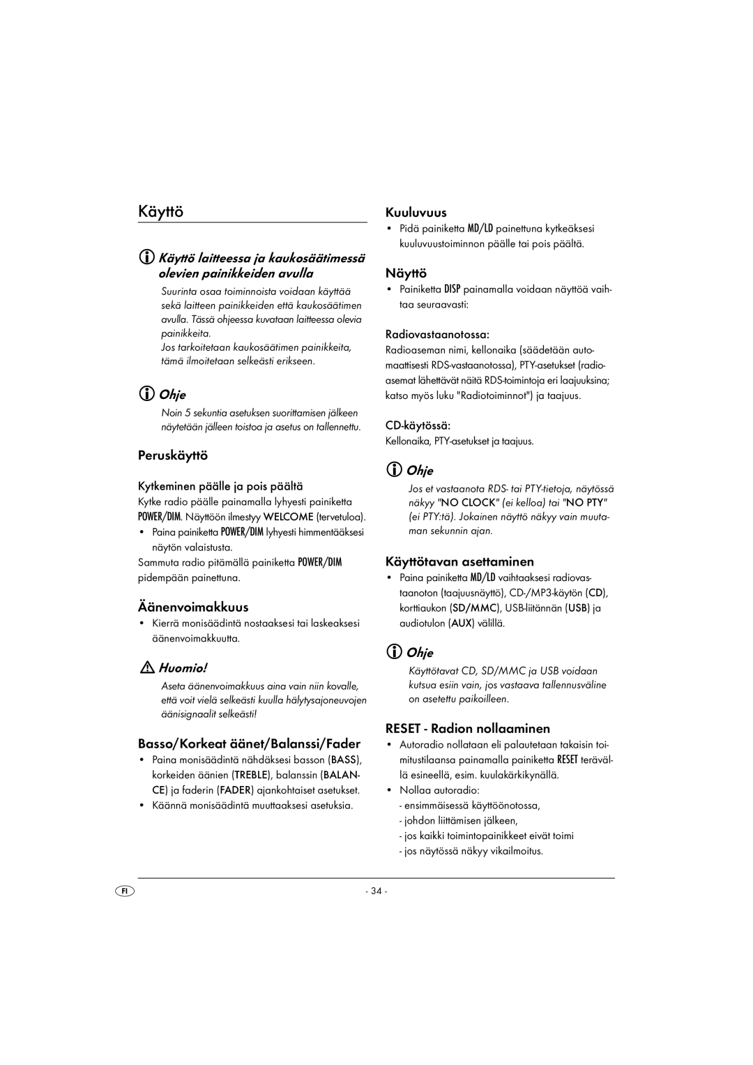 Kompernass KH 2375 operating instructions Käyttö 