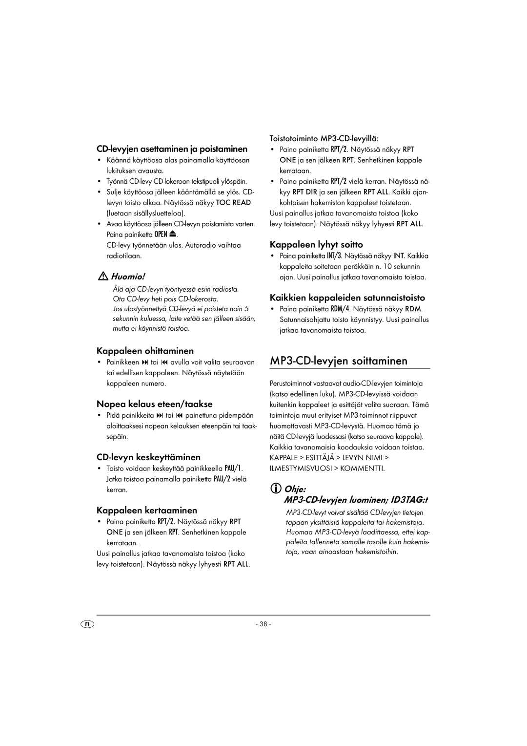 Kompernass KH 2375 operating instructions MP3-CD-levyjen soittaminen, Ohje MP3-CD-levyjen luominen ID3TAGt 