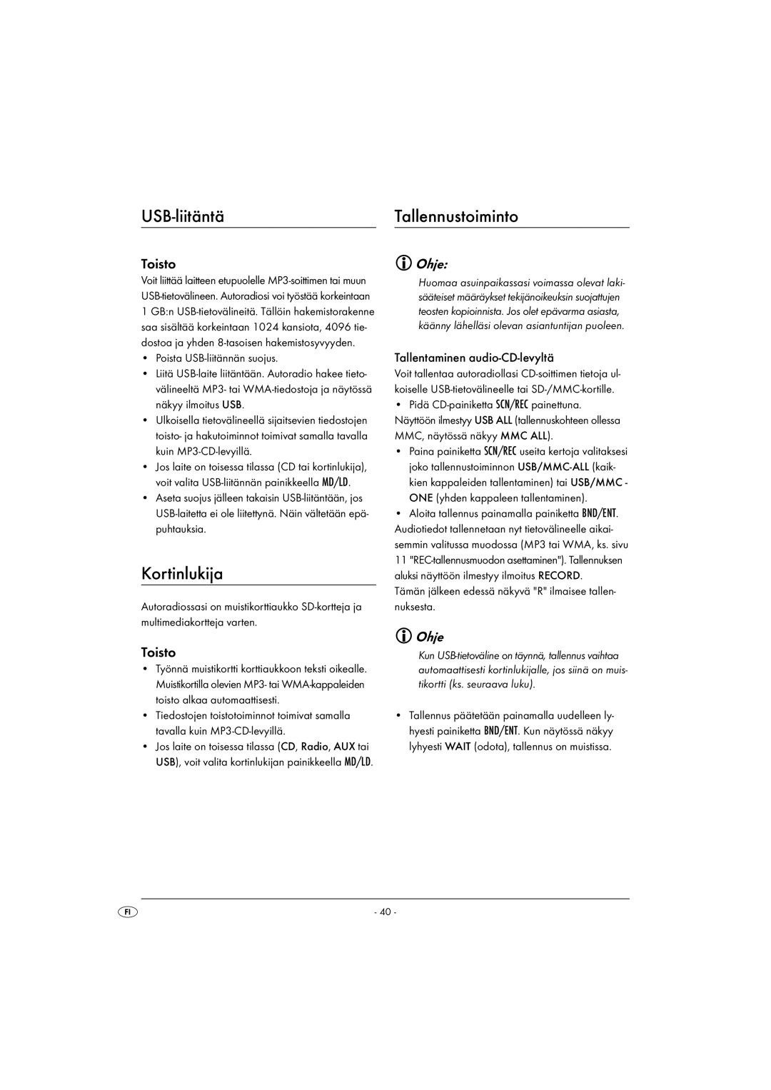 Kompernass KH 2375 operating instructions USB-liitäntä, Kortinlukija, Toisto, Tallentaminen audio-CD-levyltä 