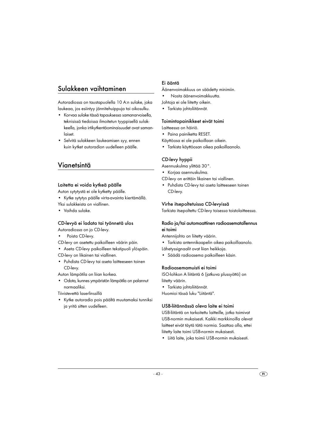 Kompernass KH 2375 operating instructions Sulakkeen vaihtaminen, Vianetsintä 