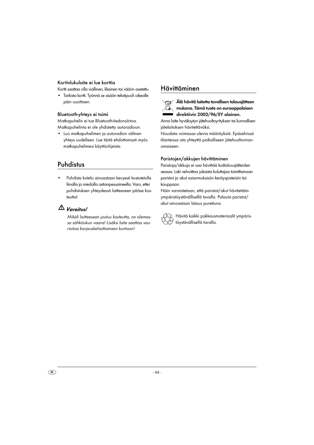 Kompernass KH 2375 operating instructions Hävittäminen, Puhdistus, Varoitus 