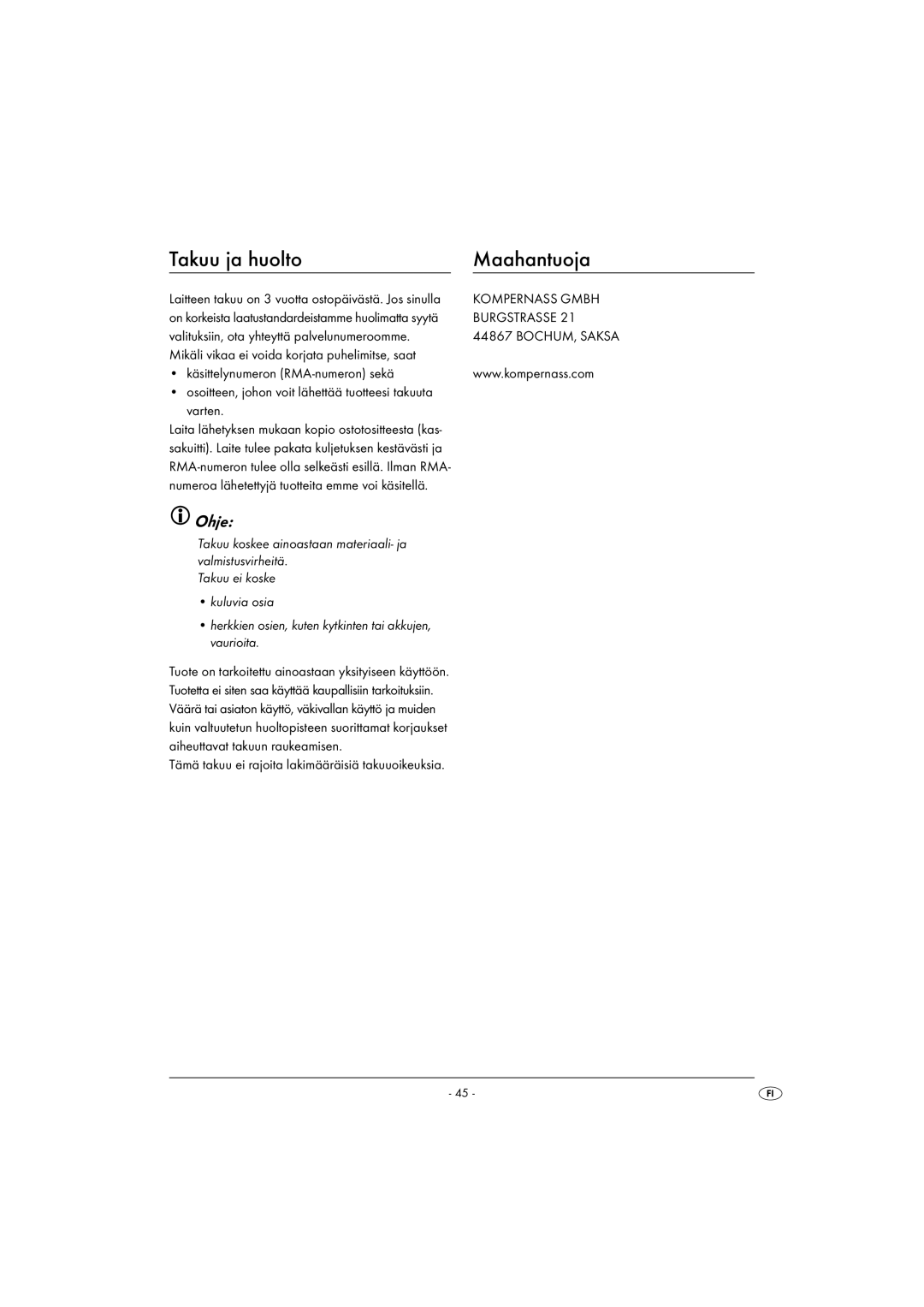 Kompernass KH 2375 operating instructions Takuu ja huolto, Valituksiin, ota yhteyttä palvelunumeroomme 