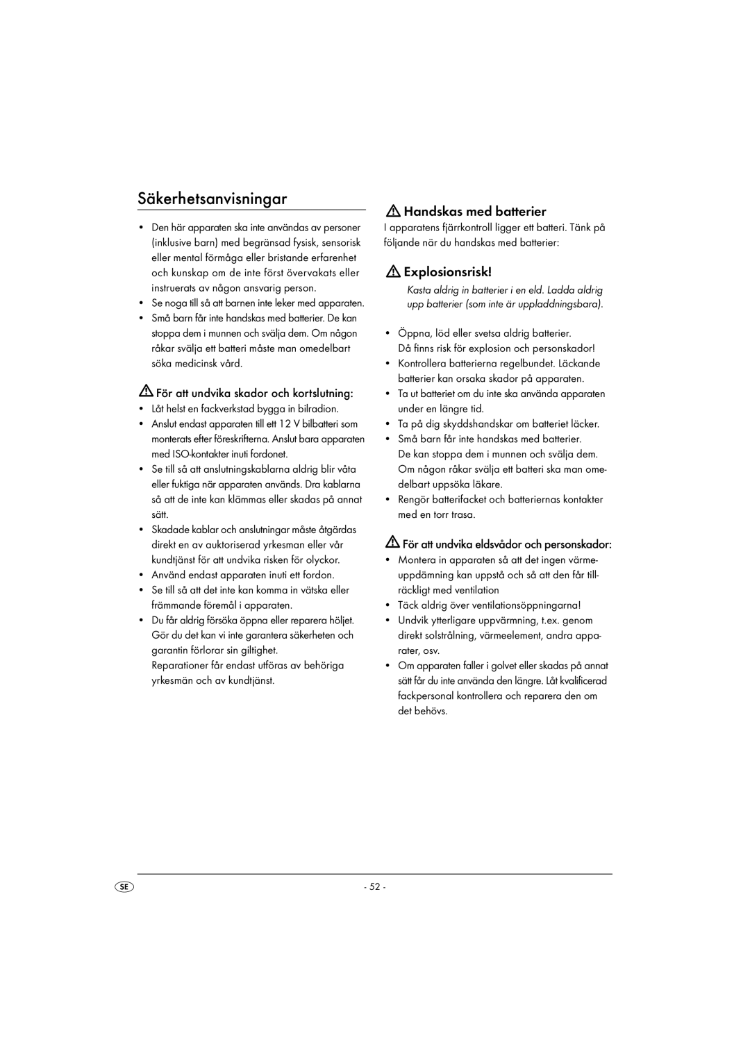 Kompernass KH 2375 Säkerhetsanvisningar, Handskas med batterier, Explosionsrisk, För att undvika skador och kortslutning 