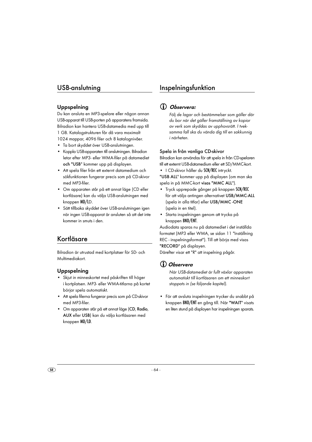 Kompernass KH 2375 operating instructions USB-anslutning, Kortläsare, Uppspelning, Spela in från vanliga CD-skivor 