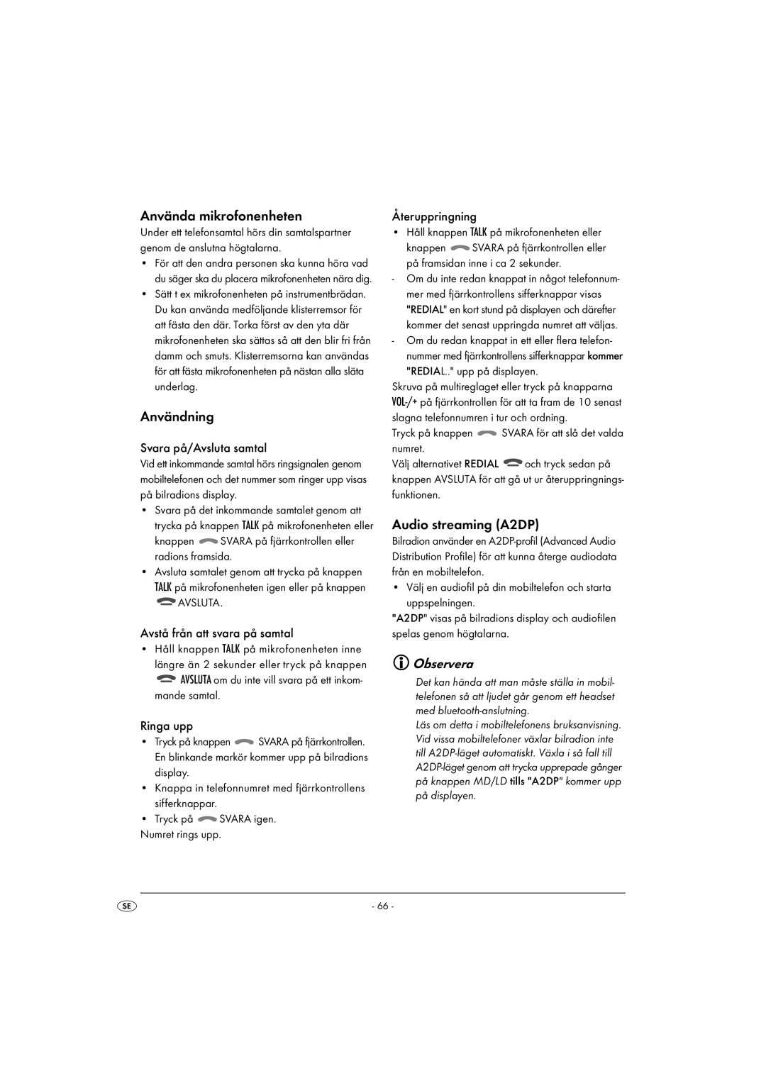 Kompernass KH 2375 operating instructions Använda mikrofonenheten, Användning 