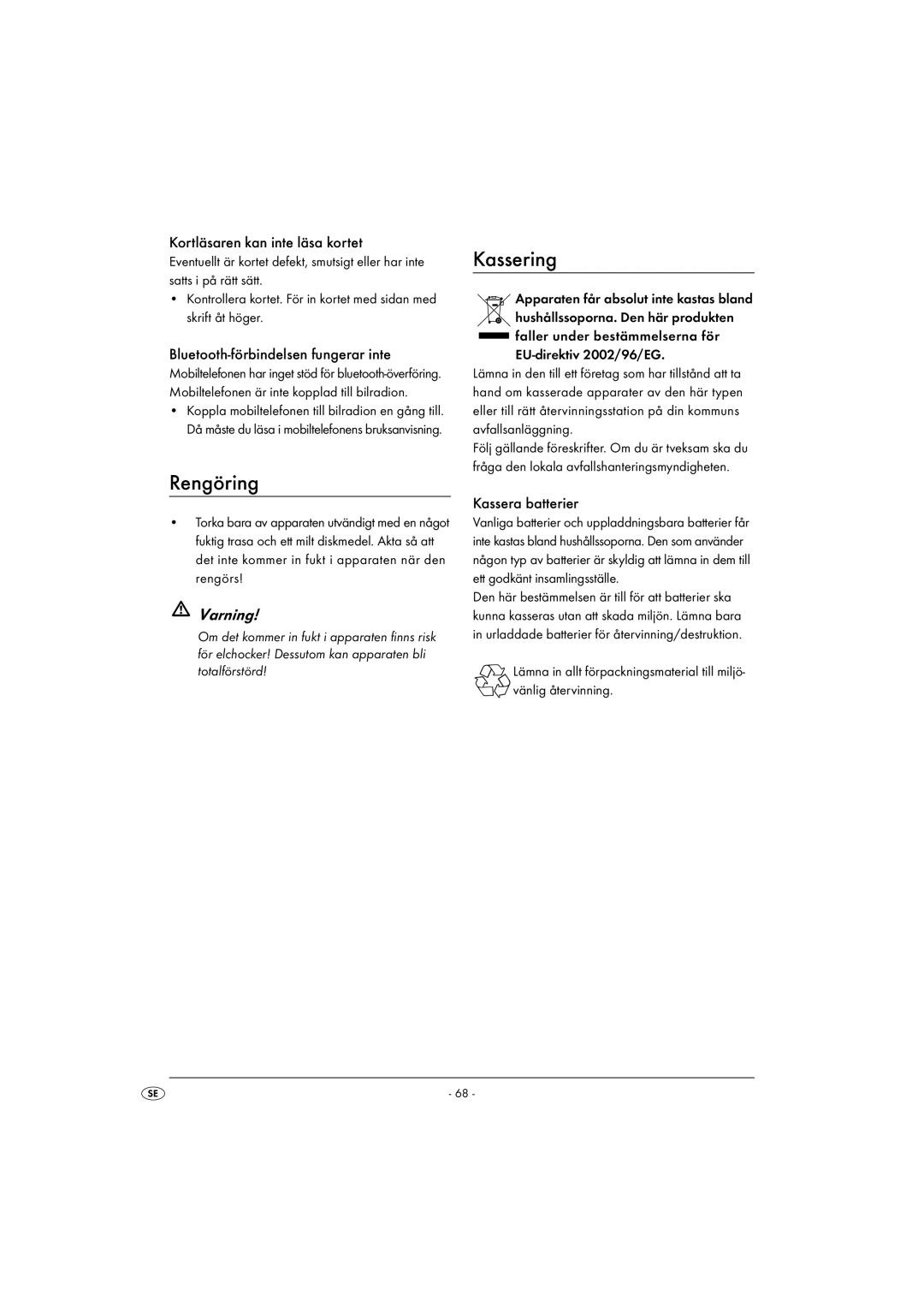 Kompernass KH 2375 operating instructions Rengöring, Kassering, Varning 