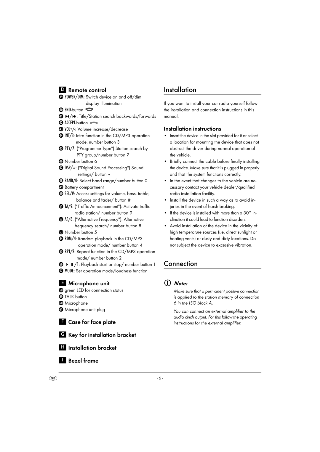 Kompernass KH 2375 operating instructions Connection, Remote control, Microphone unit, Installation instructions 