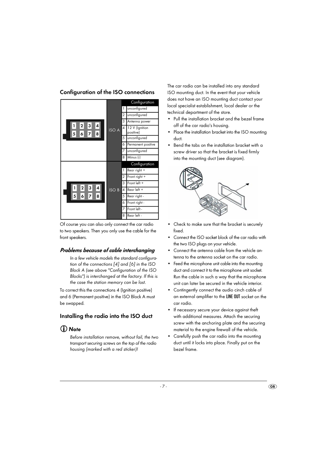 Kompernass KH 2375 operating instructions Configuration of the ISO connections, Installing the radio into the ISO duct 