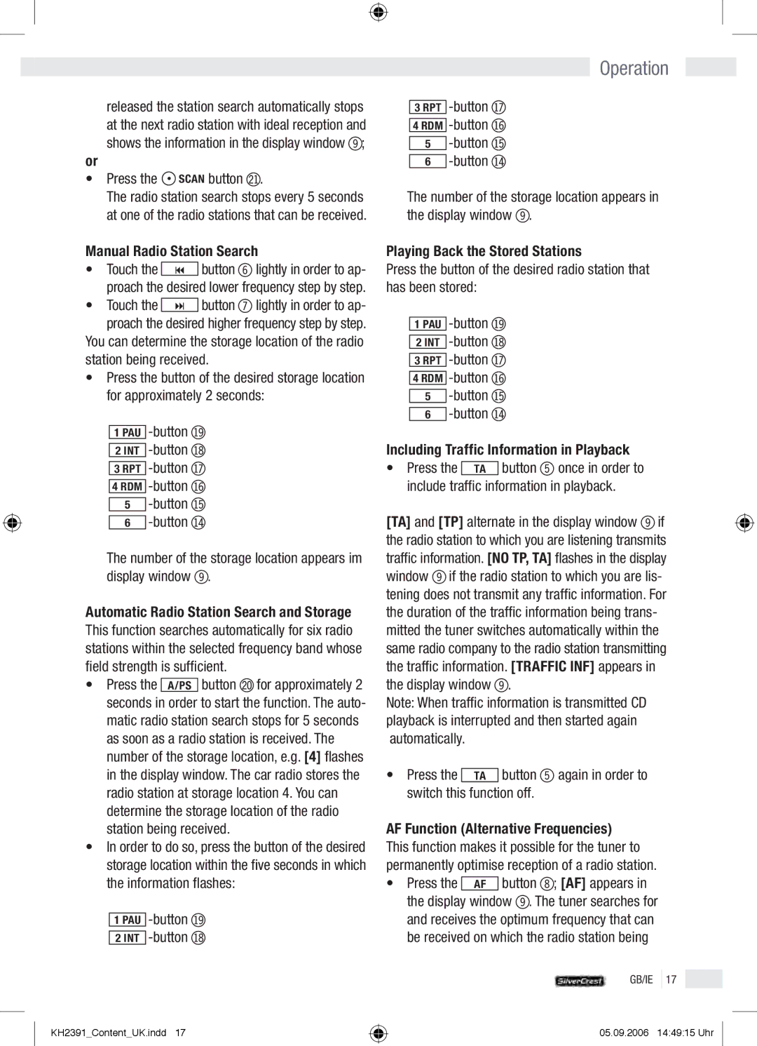 Kompernass KH 2391 operation manual Press the Scan button cm, Manual Radio Station Search, PAU -button bu INT -button bt 