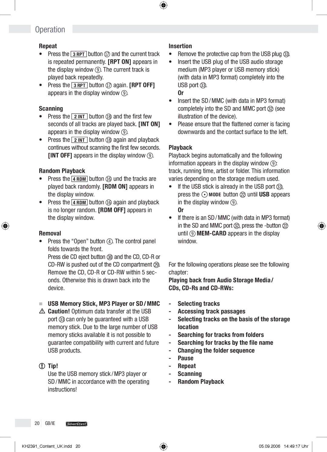 Kompernass KH 2391 operation manual Repeat, Scanning, Random Playback, Removal, Insertion 