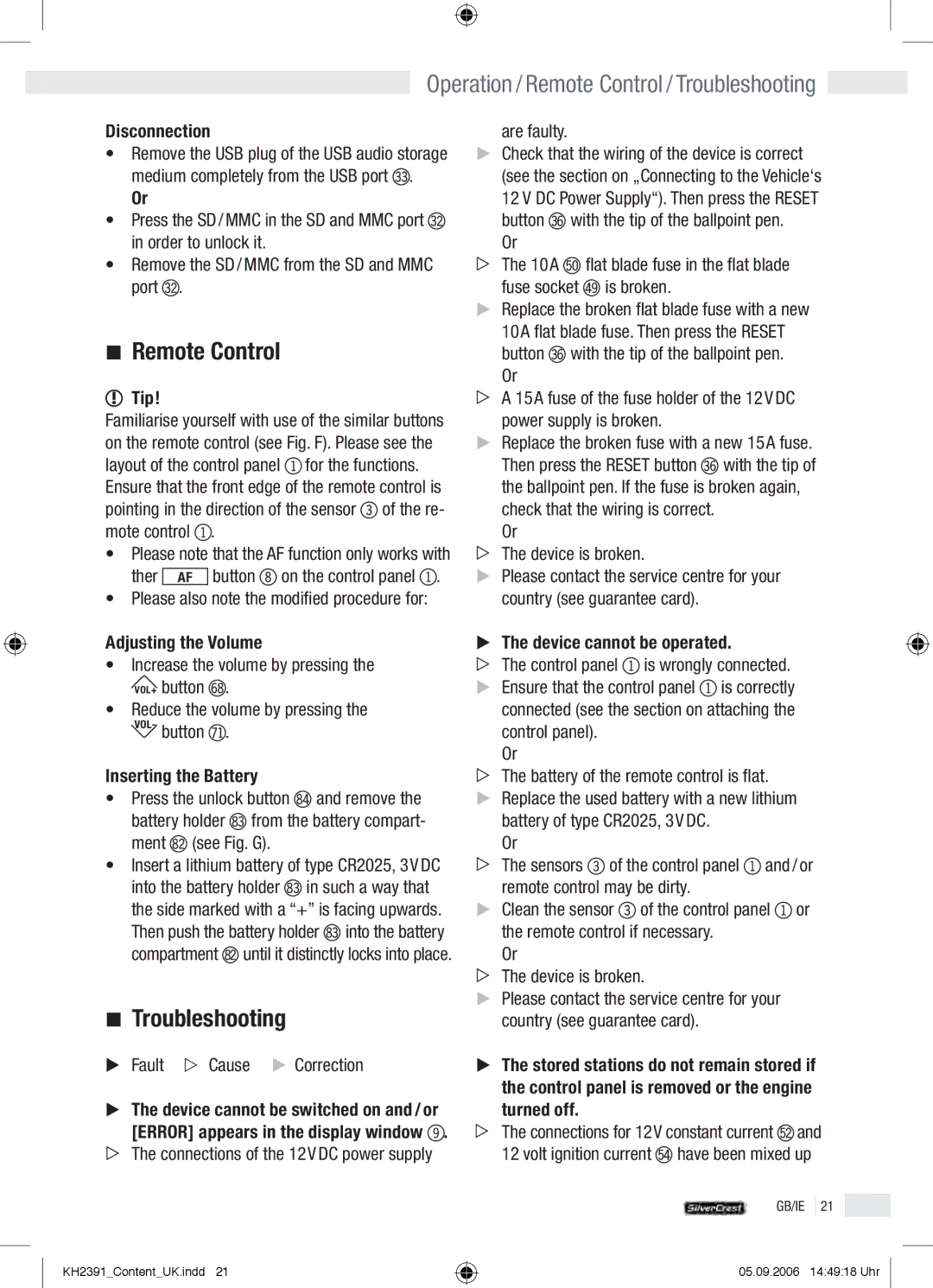 Kompernass KH 2391 operation manual Operation / Remote Control / Troubleshooting 