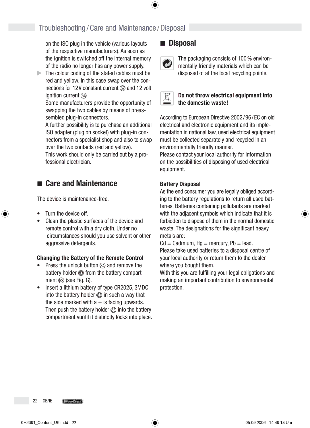 Kompernass KH 2391 operation manual Troubleshooting / Care and Maintenance / Disposal 