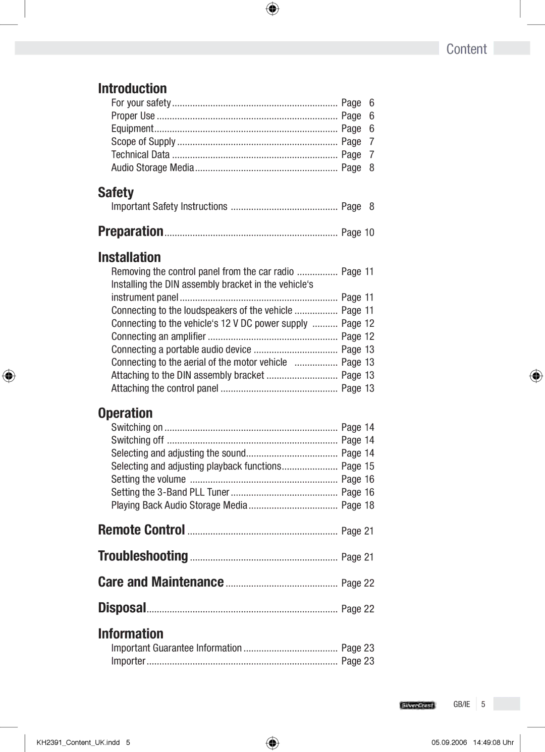 Kompernass KH 2391 operation manual Introduction, Safety, Installation, Operation, Information 