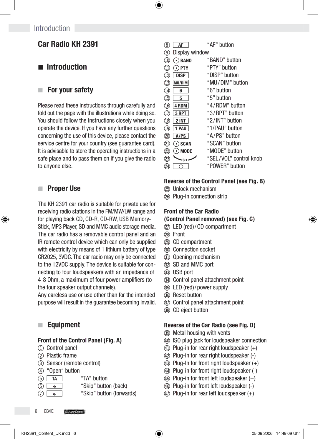 Kompernass KH 2391 operation manual Car Radio KH, For your safety 