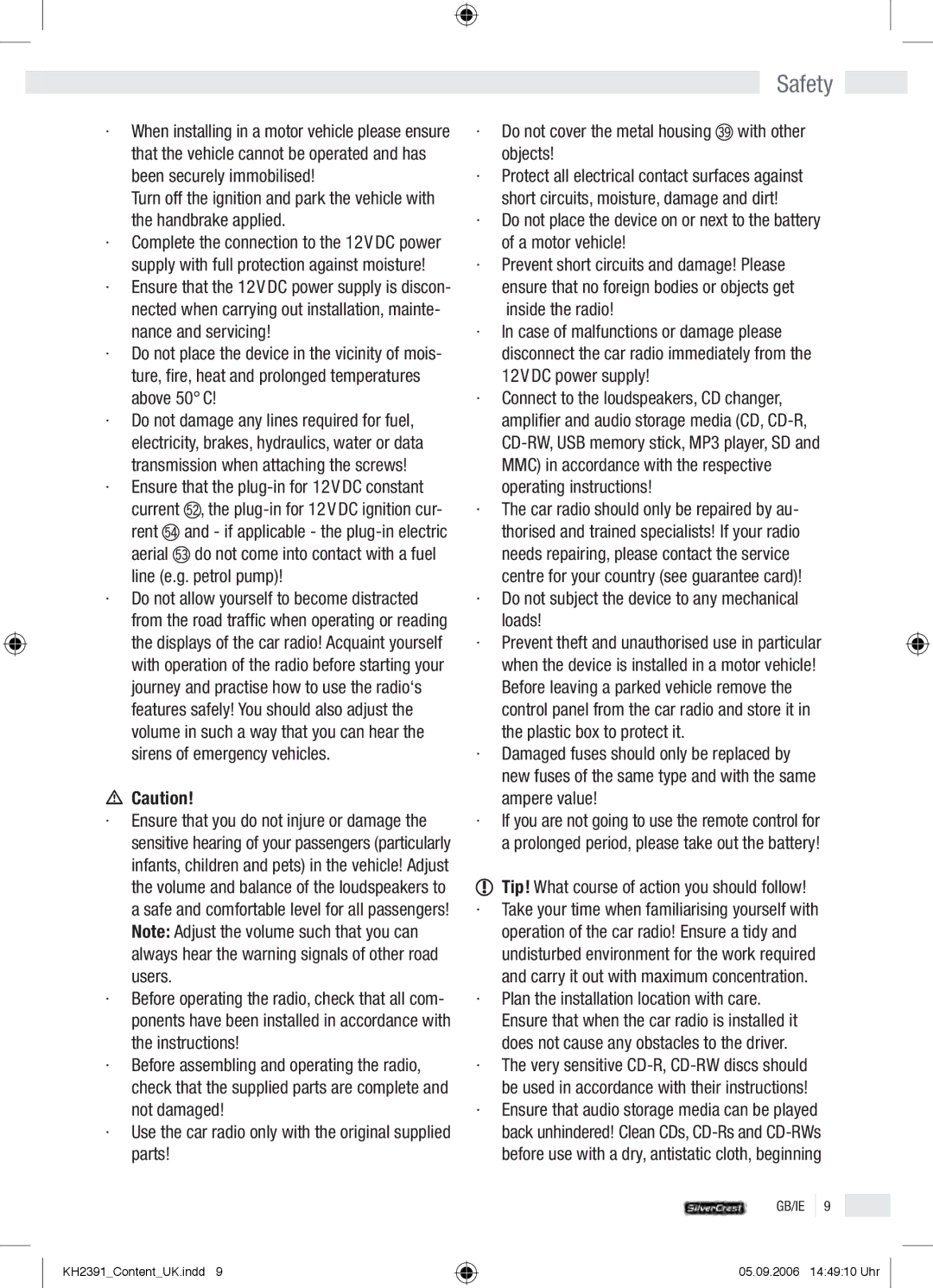 Kompernass KH 2391 operation manual Safety, · Do not subject the device to any mechanical loads 