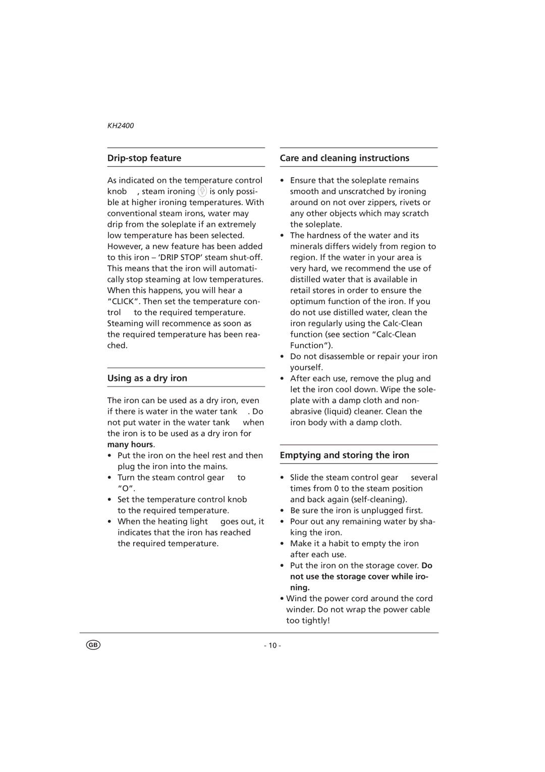 Kompernass KH 2400 manual Care and cleaning instructions 