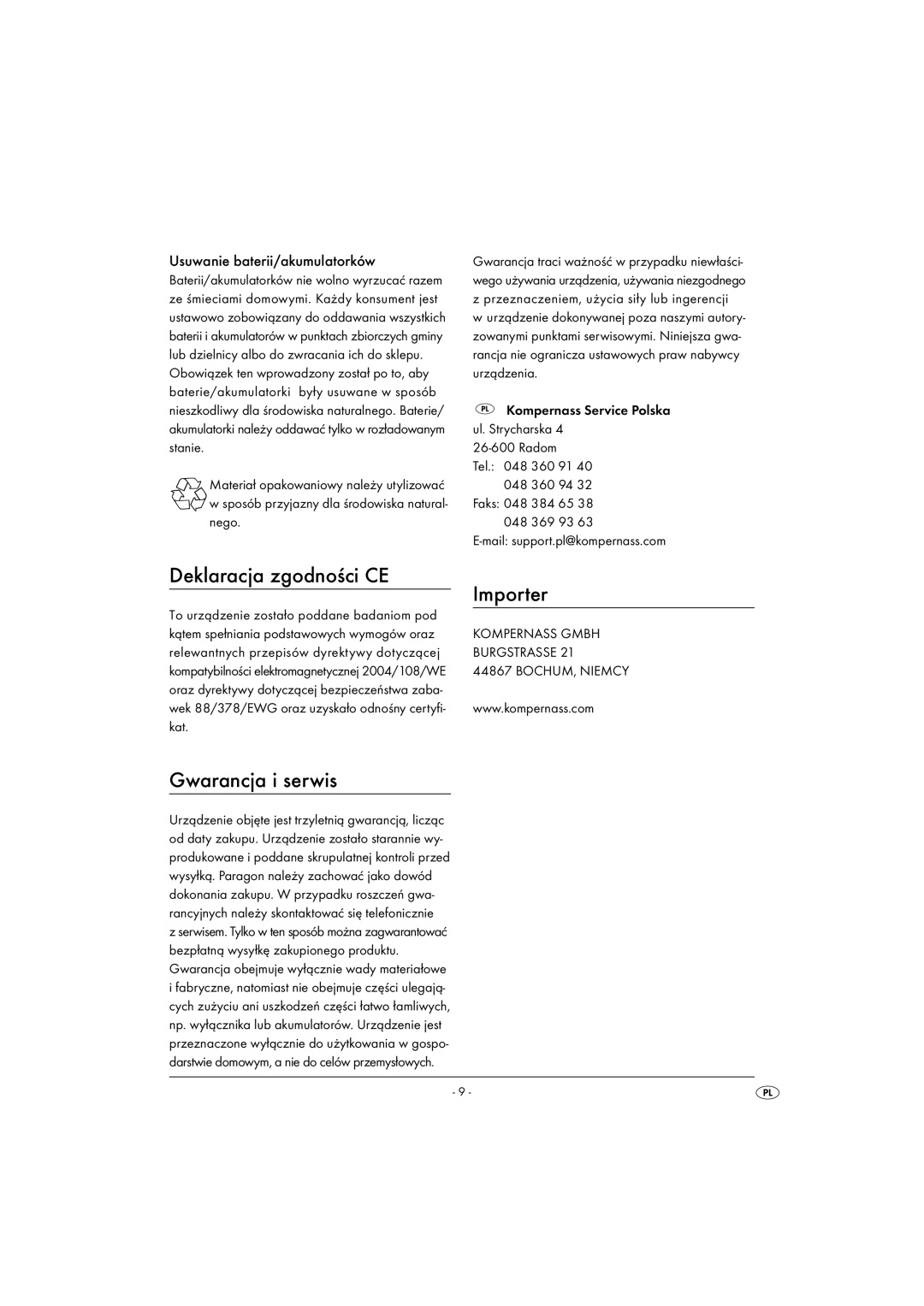 Kompernass KH 240, KH 241 Deklaracja zgodności CE Importer, Gwarancja i serwis, Usuwanie baterii/akumulatorków 
