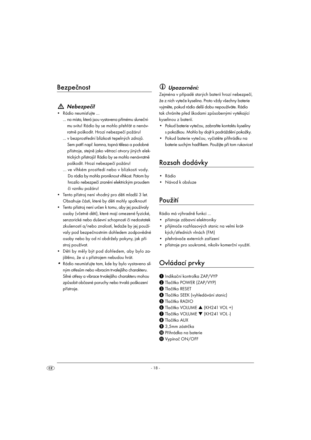 Kompernass KH 241, KH 240 operating instructions Bezpečnost, Rozsah dodávky, Použití, Ovládací prvky 