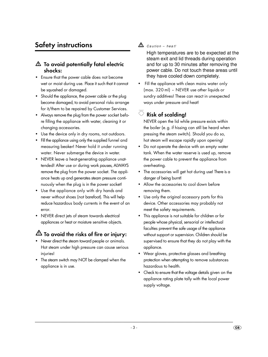 Kompernass KH 2424 Safety instructions, To avoid potentially fatal electric shocks, To avoid the risks of fire or injury 