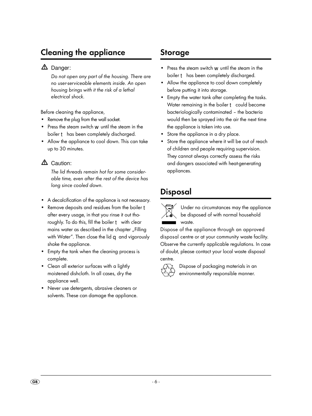 Kompernass KH 2424 instruction manual Cleaning the appliance, Disposal, Storage, Store the appliance in a dry place 