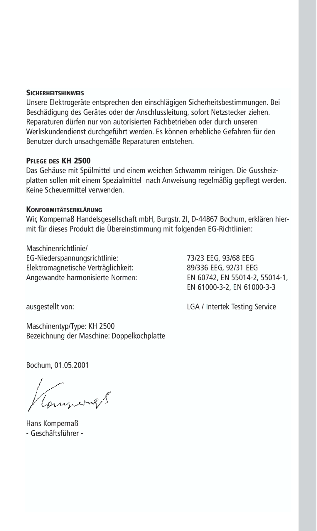 Kompernass KH 2500 manual Ausgestellt von, Maschinentyp/Type KH, Bochum 