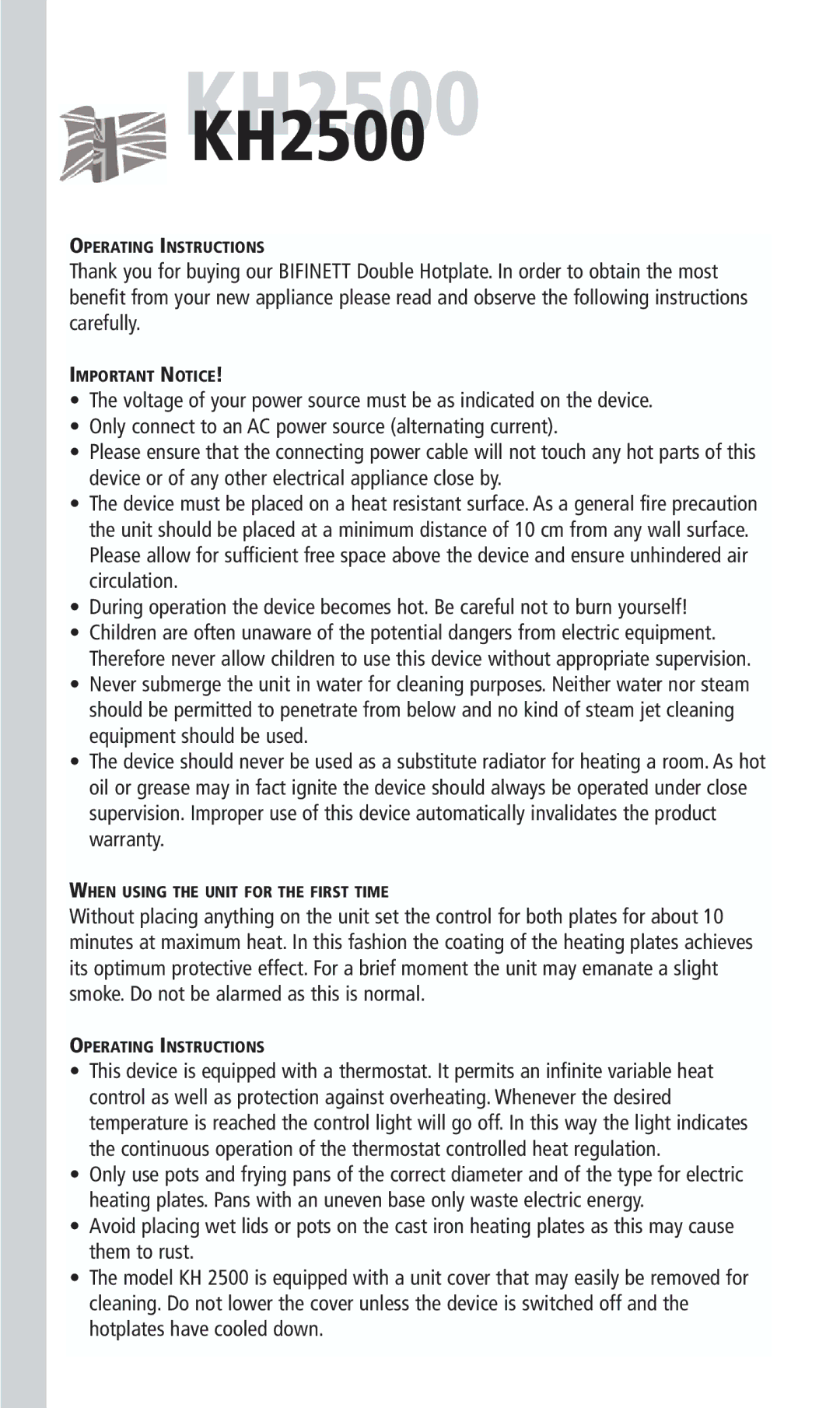 Kompernass KH 2500 manual Operating Instructions, Important Notice, When Using the Unit for the First Time 