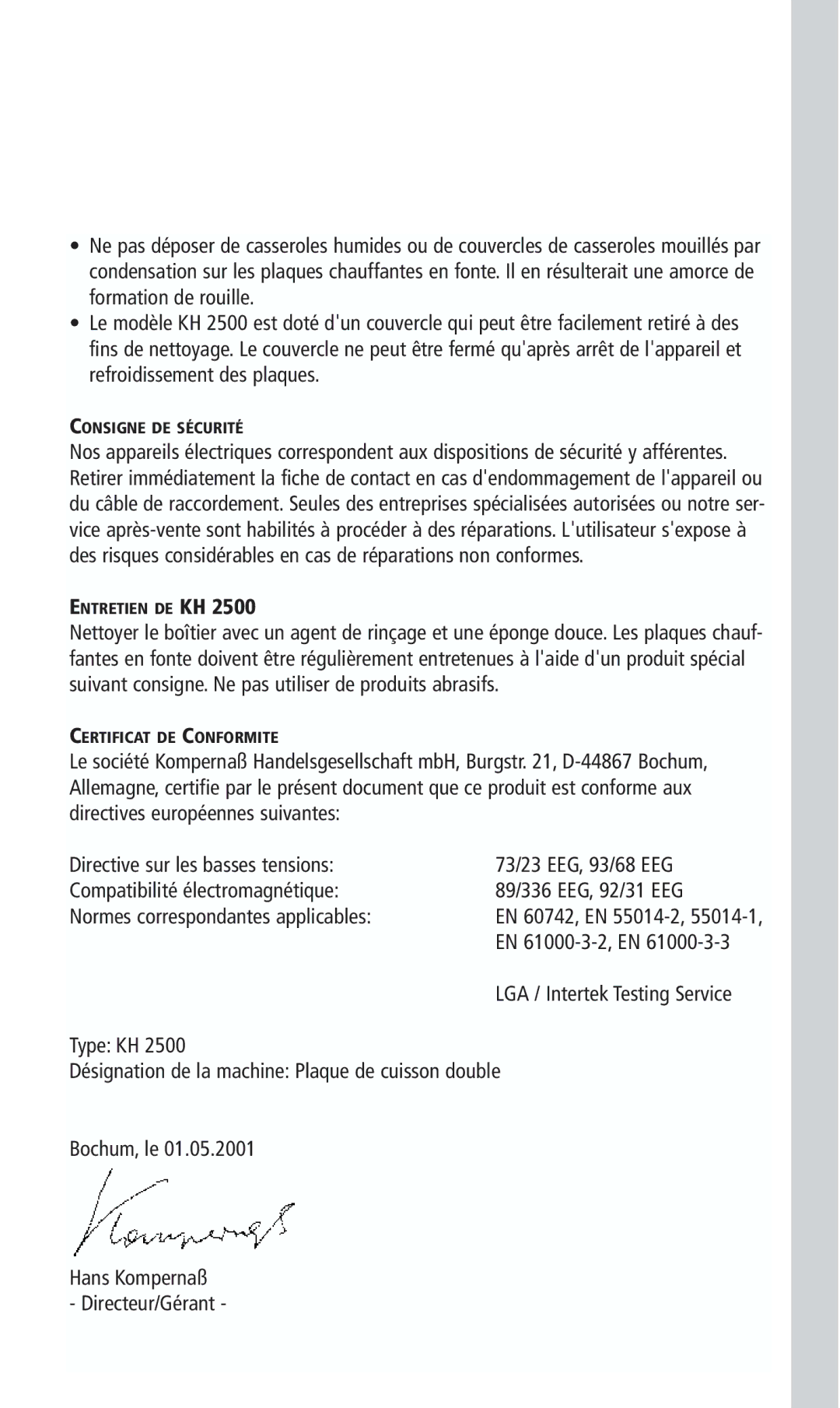 Kompernass KH 2500 manual Consigne DE Sécurité, Entretien DE KH, Certificat DE Conformite 