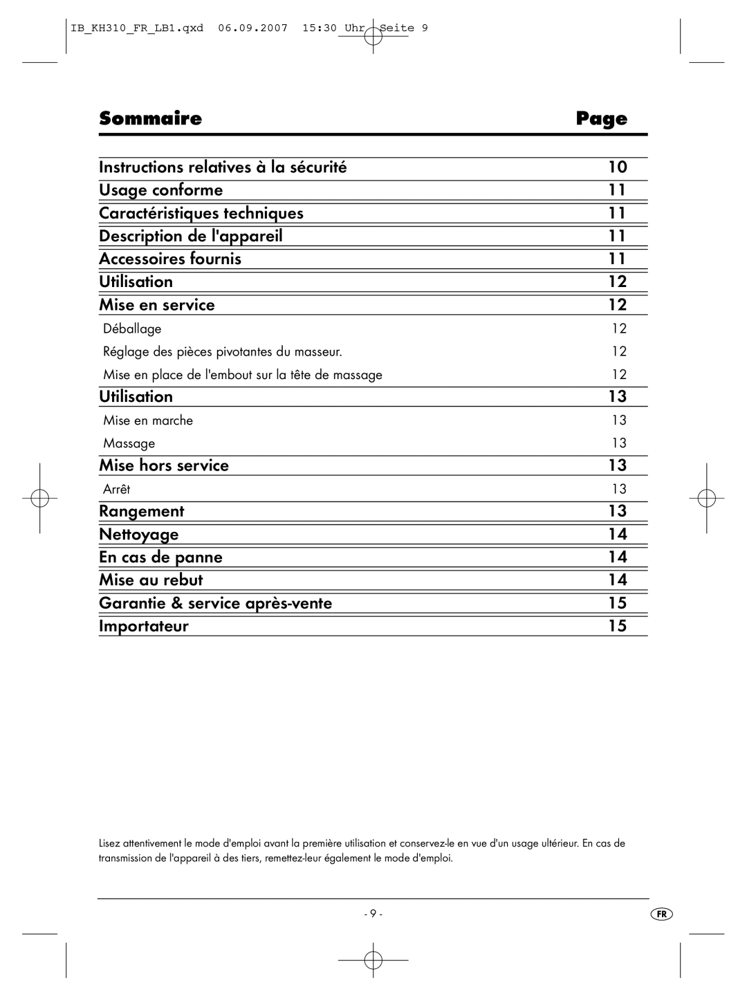 Kompernass KH 310 manual Sommaire, Mise en marche Massage, Arrêt 