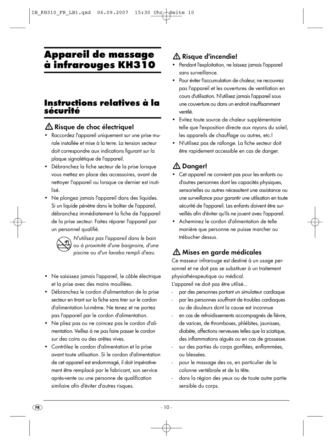 Kompernass KH 310 manual Instructions relatives à la sécurité, Risque de choc électrique, Risque dincendie 