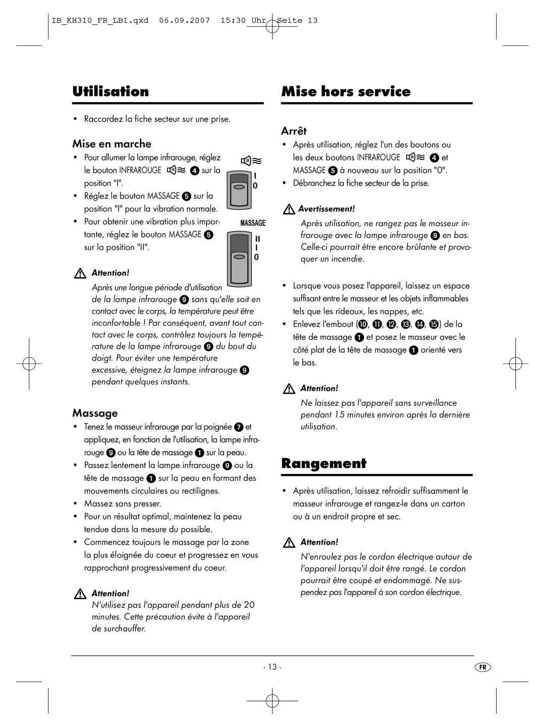 Kompernass KH 310 manual Utilisation Mise hors service, Rangement, Mise en marche, Arrêt 