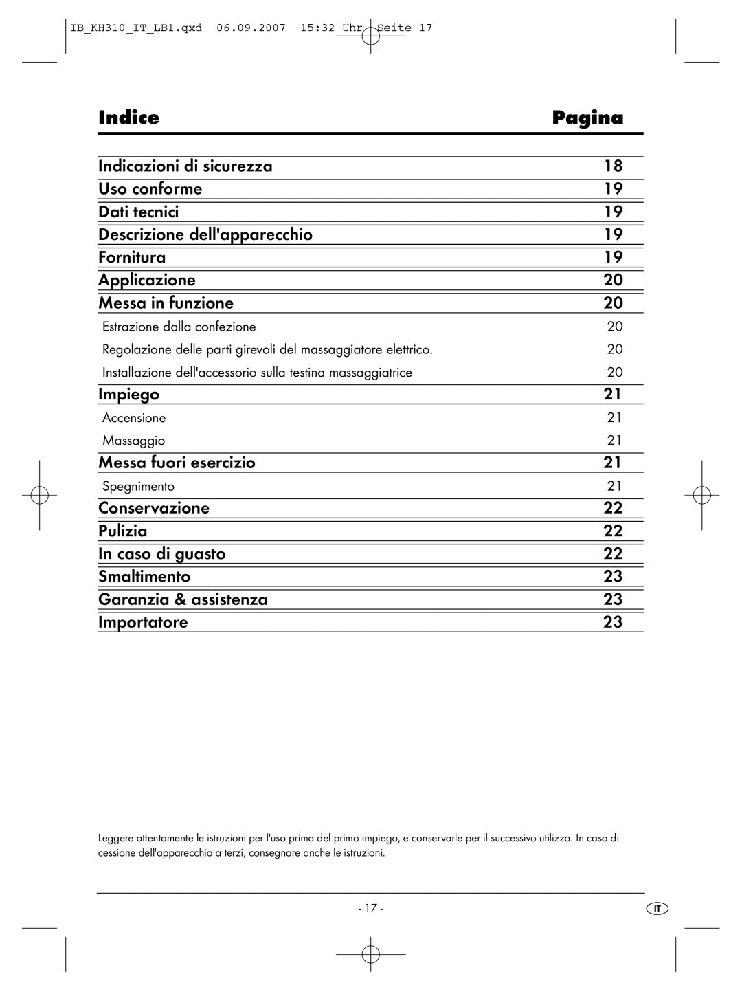 Kompernass KH 310 manual Indice Pagina, Accensione Massaggio, Spegnimento 