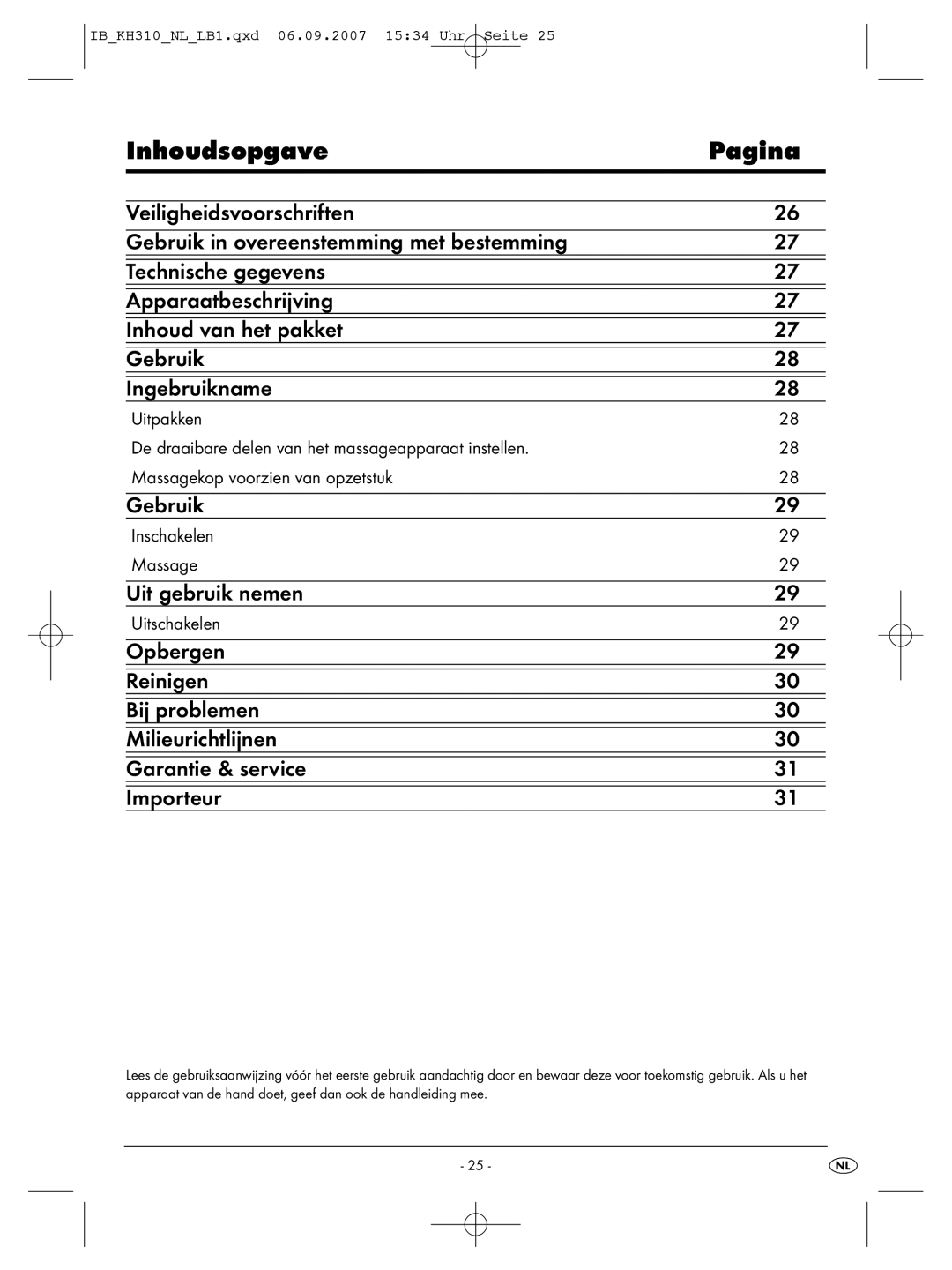 Kompernass KH 310 manual Inhoudsopgave Pagina, Inschakelen Massage, Uitschakelen 