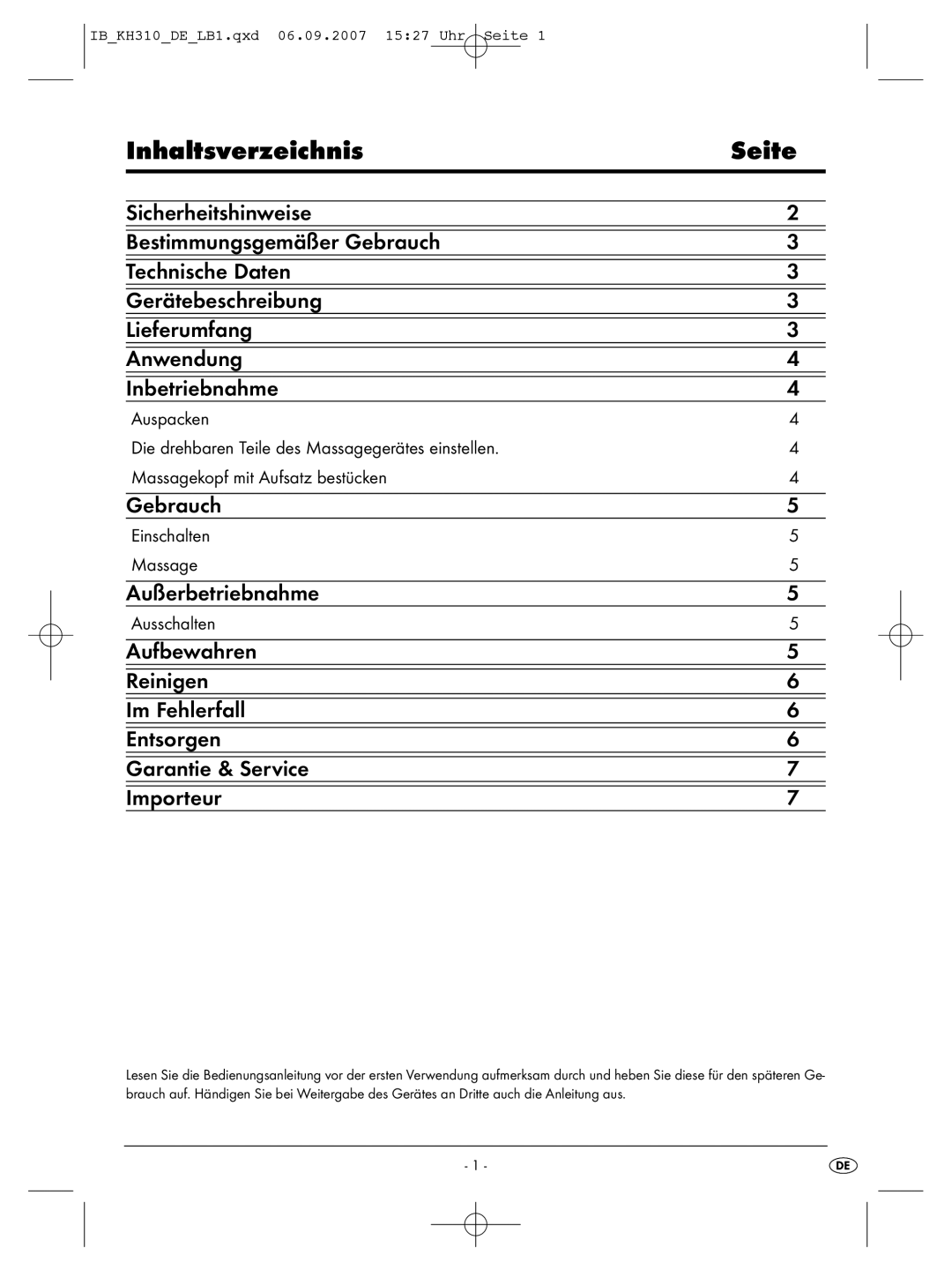 Kompernass KH 310 manual Inhaltsverzeichnis Seite, Einschalten Massage, Ausschalten 