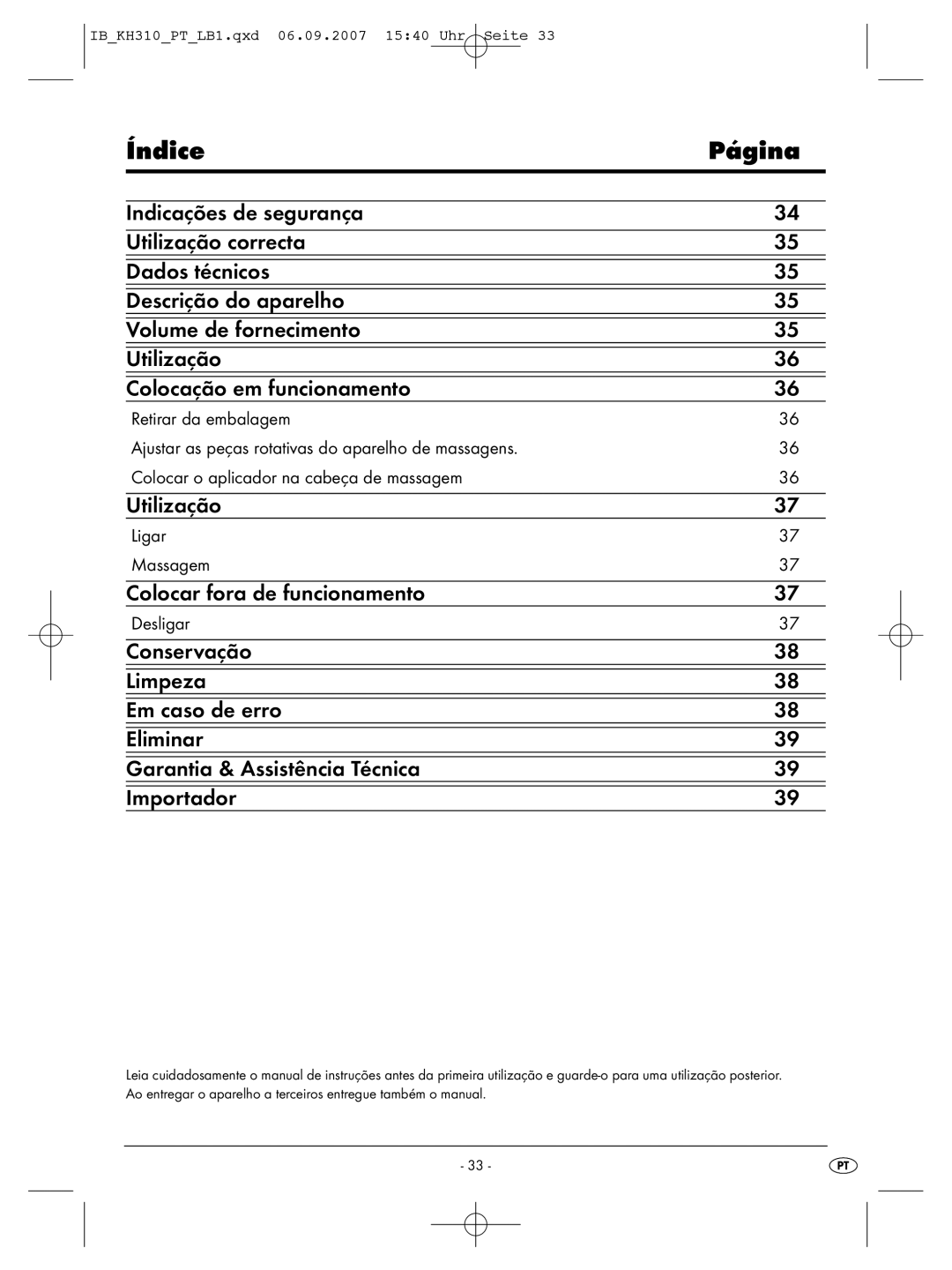 Kompernass KH 310 manual Índice Página, Ligar Massagem, Desligar 