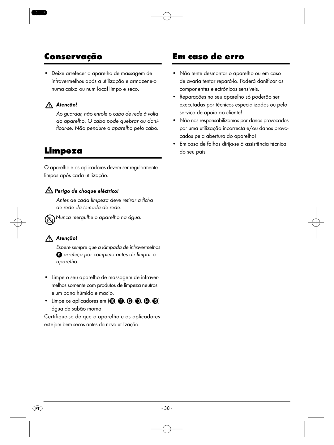 Kompernass KH 310 Conservação, Limpeza, Em caso de erro, Aparelho, Limpe os aplicadores em , , , , , água de sabão morna 