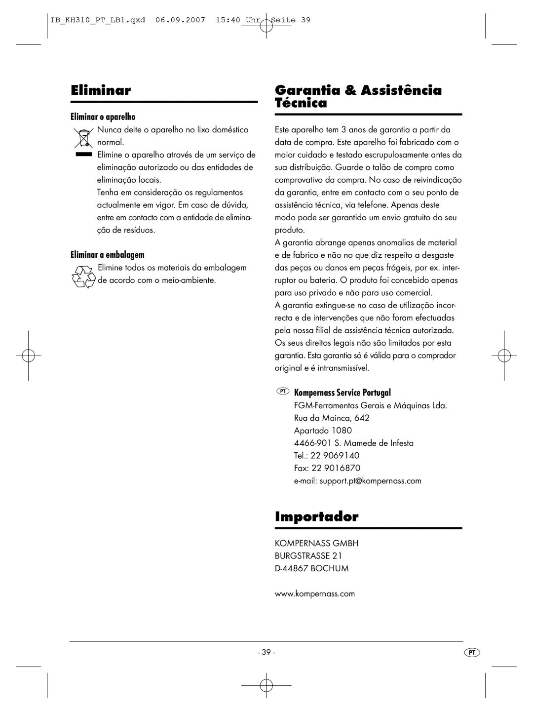 Kompernass KH 310 manual Eliminar, Garantia & Assistência Técnica, Importador 