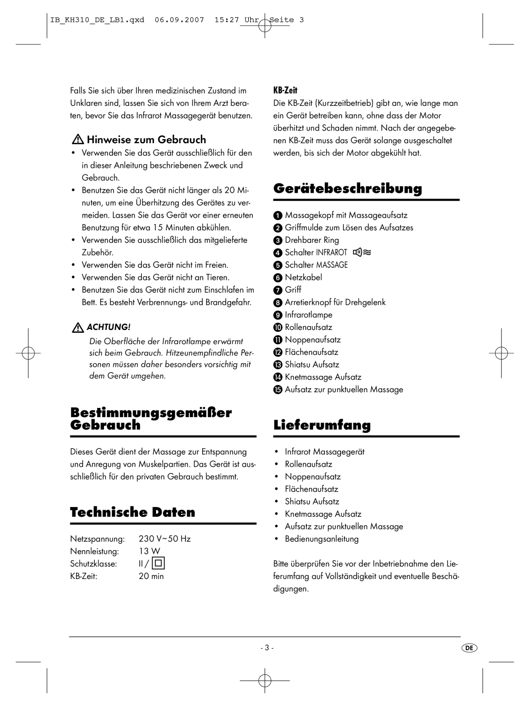 Kompernass KH 310 Gerätebeschreibung, Bestimmungsgemäßer Gebrauch, Technische Daten, Lieferumfang, Hinweise zum Gebrauch 