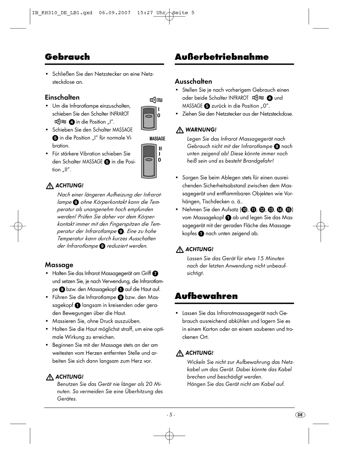 Kompernass KH 310 manual Gebrauch Außerbetriebnahme, Aufbewahren, Einschalten, Massage, Ausschalten 